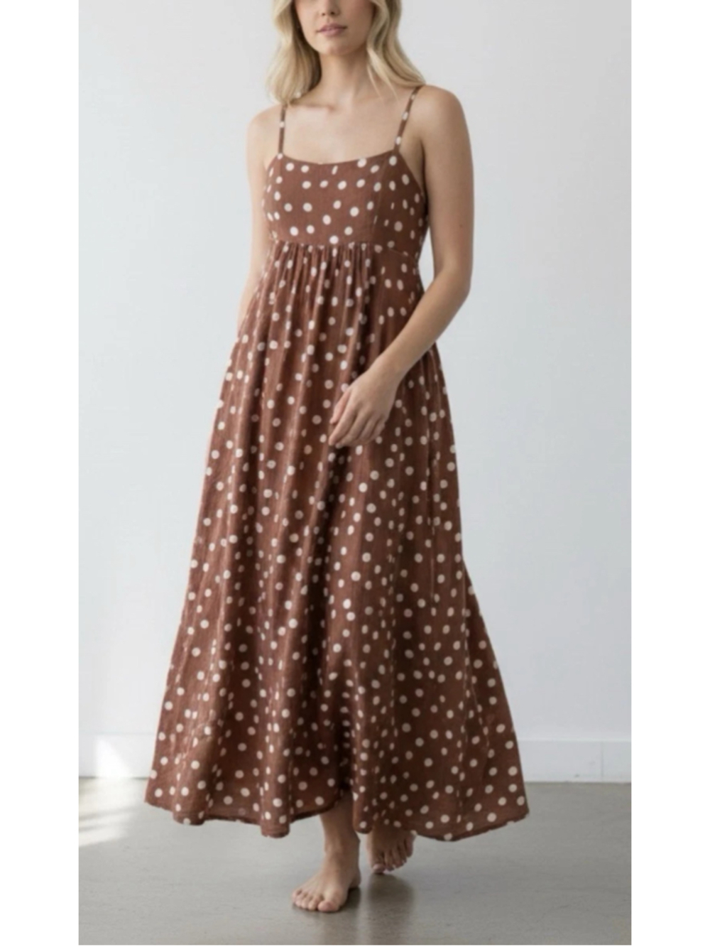 Polka Dot Maxi Dress Rust Brown White Empire Waist Gauzy Cotton Sleeveless